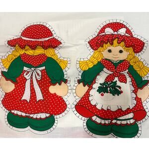 Vintage Fabric Panel Girl with Hat Red Green Christmas 2 Dolls Pillows #458